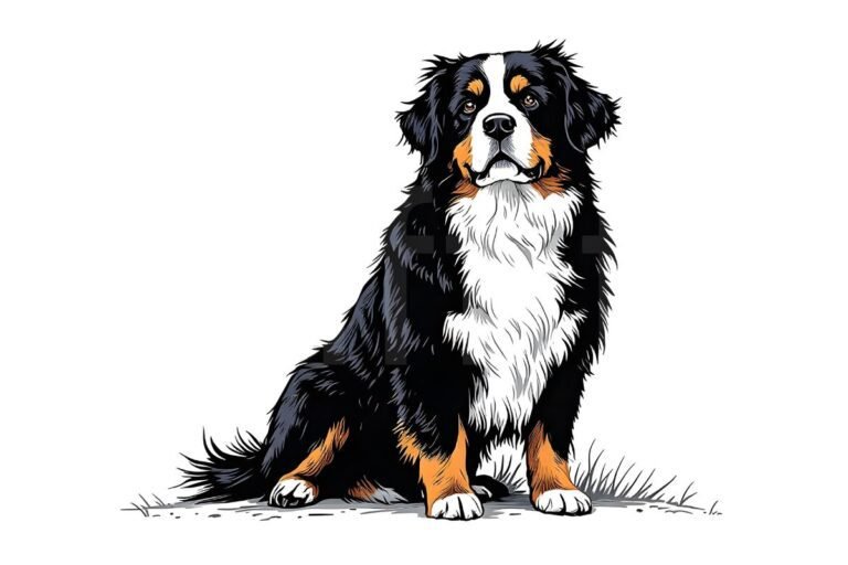 Color illustration of a Bernese Mountain Dog sitting on the ground, with black, white, and rust-colored fur and a calm expression.