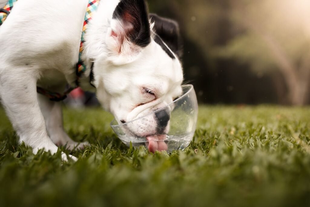 French Bulldog drinks water from a bowl on grass. How Long to Wait to Give a Dog Water After Exercise?