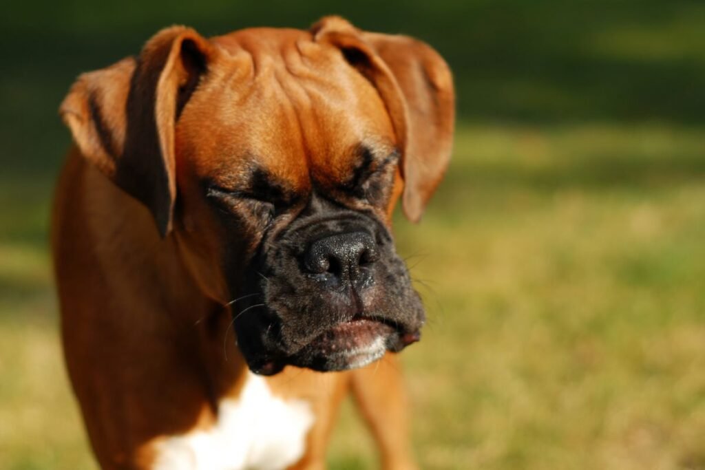 Brown dog sneezing outdoors.