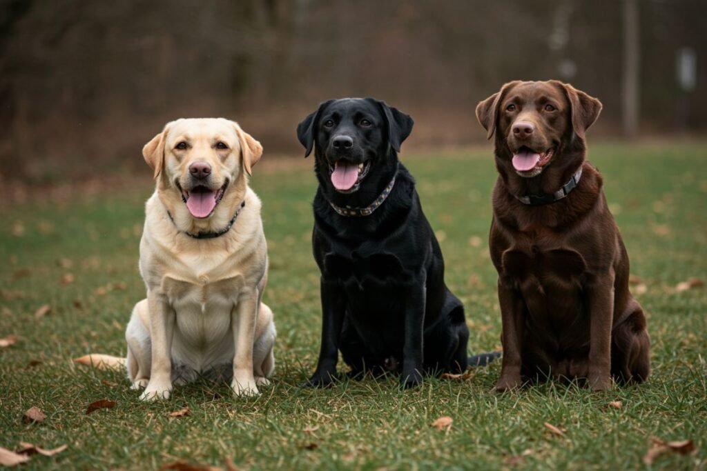 AI photo, 3 dogs, Labrador Retrievers, Yellow, Black and Chocolate